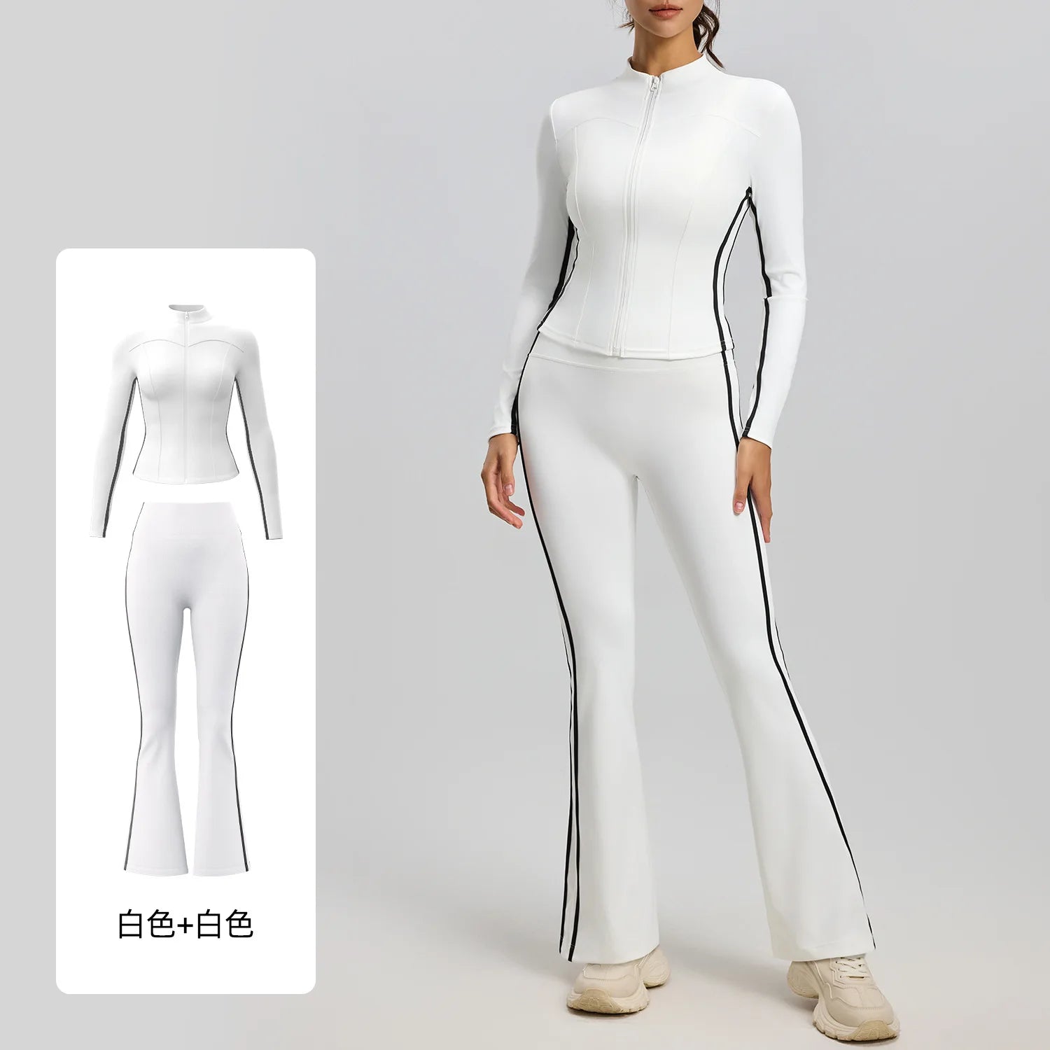 Striped 2pcs Yoga Gym Set Women Long Sleeve Zipper Sport Jacket Hip Lifting Leggings Fitness Running Tops Flare Pants Tracksuit