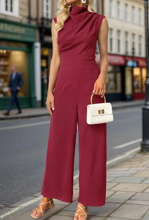 Jumpsuit Women 2026 Spring Summer New Solid Color High Collar Sleeveless Ruched Casual High Waist Wide Leg Jumpsuit