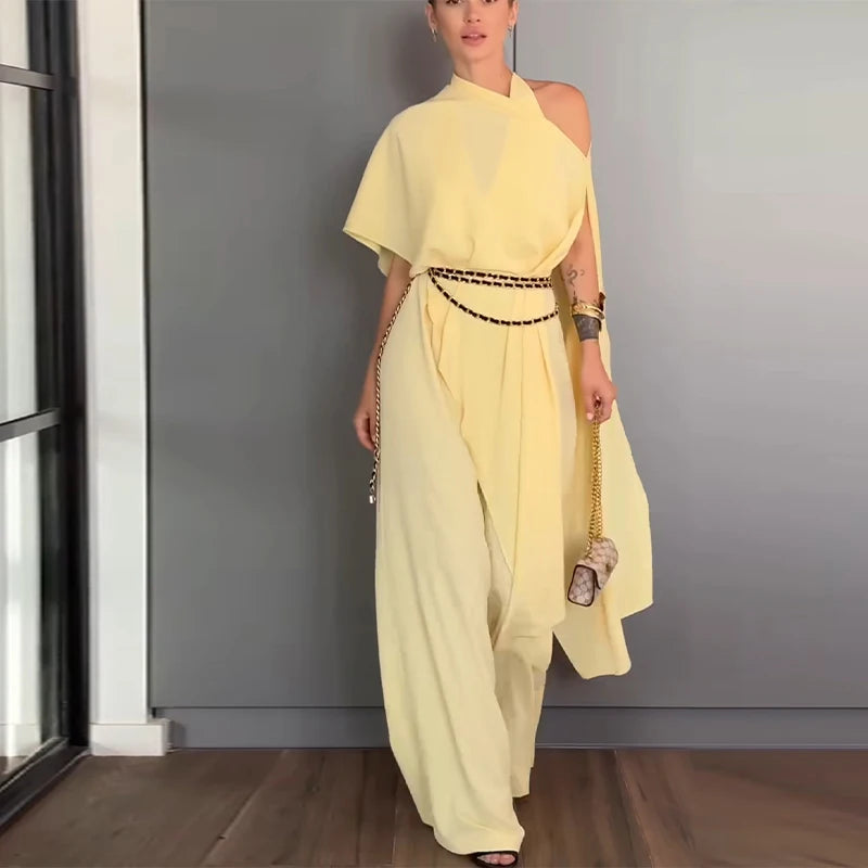 Elegant Solid Jumpsuit Scarf Set Women Street Sleeveless V-neck Jumpsuits Long Pants Female 2025 Fashion Summer Fall Lady Suits