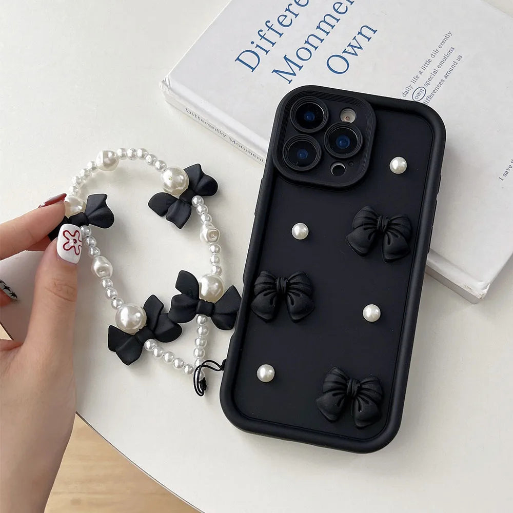 Pearl Bow Chain Phone Case For Redmi Note 14 13 12 11 10 9 8 Pro Plus 11s 13C 12C Women Silicone Back Cover