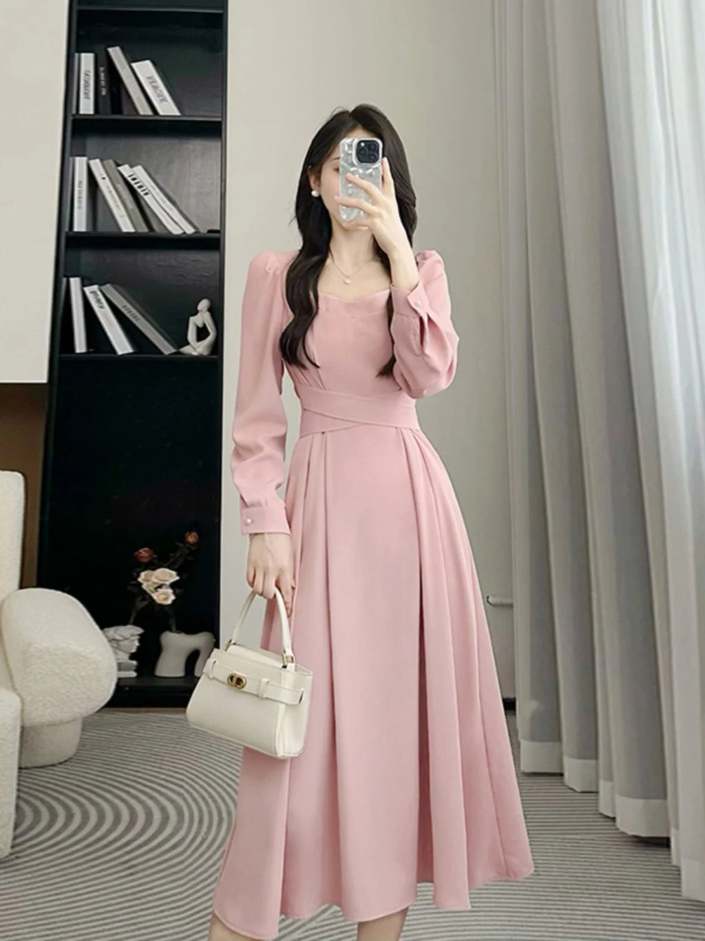Ele High Waist A-Line Dr Women's Long Sve Square Collar Slimming Formal Ocn Dr Spring Collection