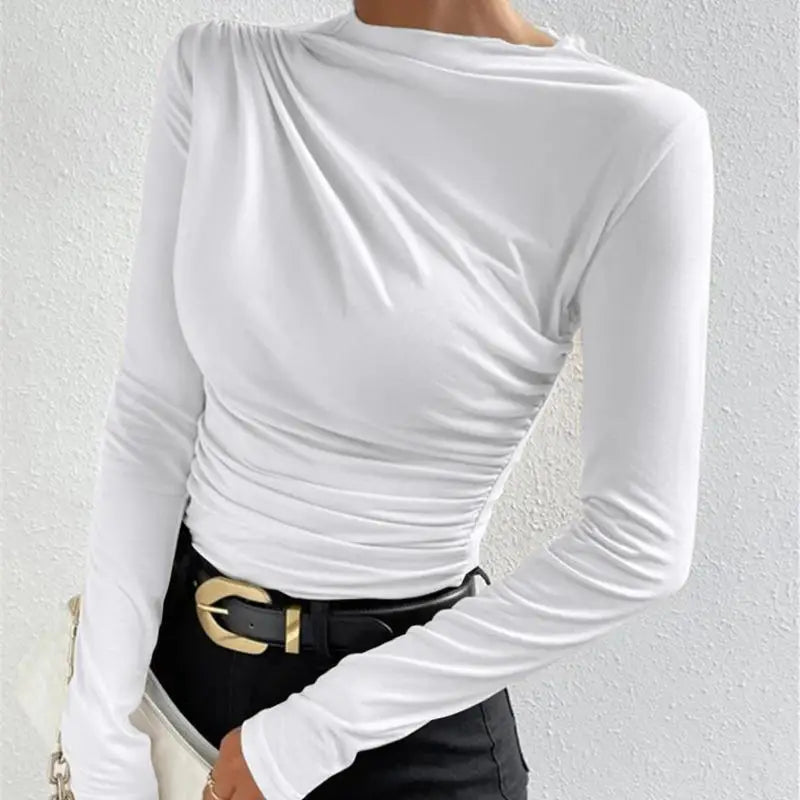Women's Pleated Long Sleeve T-Shirt Bodycon Fit Polyester Spandex Blend Drawstring Closure  Color European Style Top