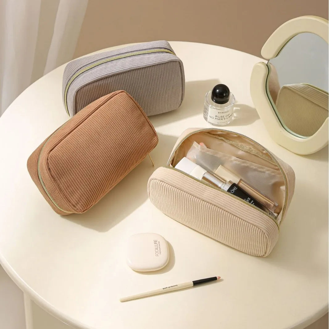 Minimalist Corduroy Makeup Bag – Large Capacity
