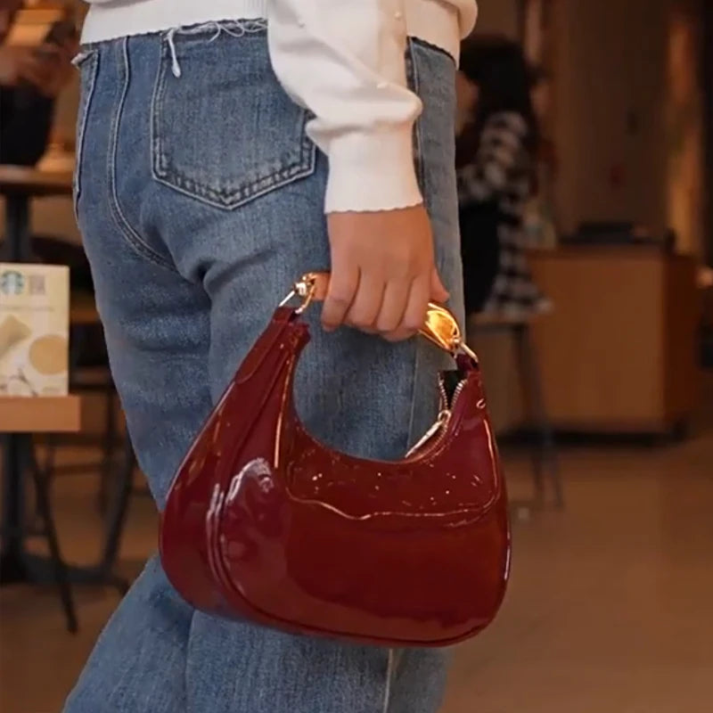 Trendy Burgundy Leather Shoulder Bag Stylish Gold Chain Hobo Bag With Metal Handle Minimalist Half-moon Crossbodybag Evening Bag
