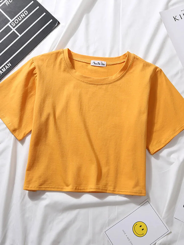 2023 Summer Short Sleeve T Shirts Women Cotton Solid T-shirt O Neck High Waist Crop Top Tee Female Casual Loose T Shirt