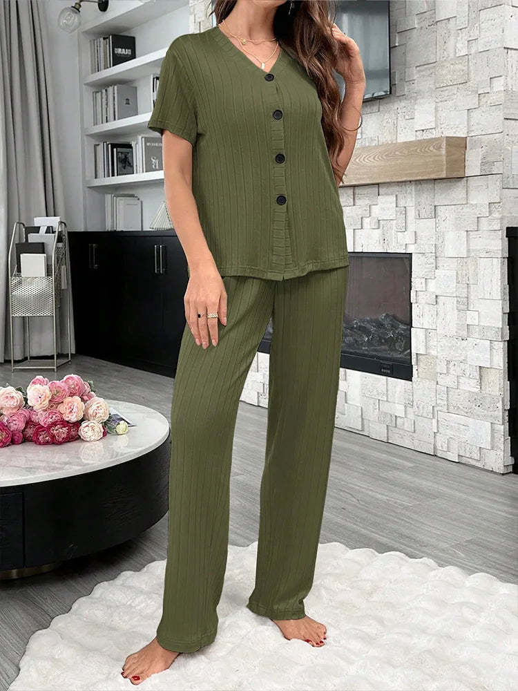 Women Summer Pajamas Set Short Sleeve V-neck Solid Rib T-shirt with Pants Loose Sleepwear Homewear Female Casual Loungewear