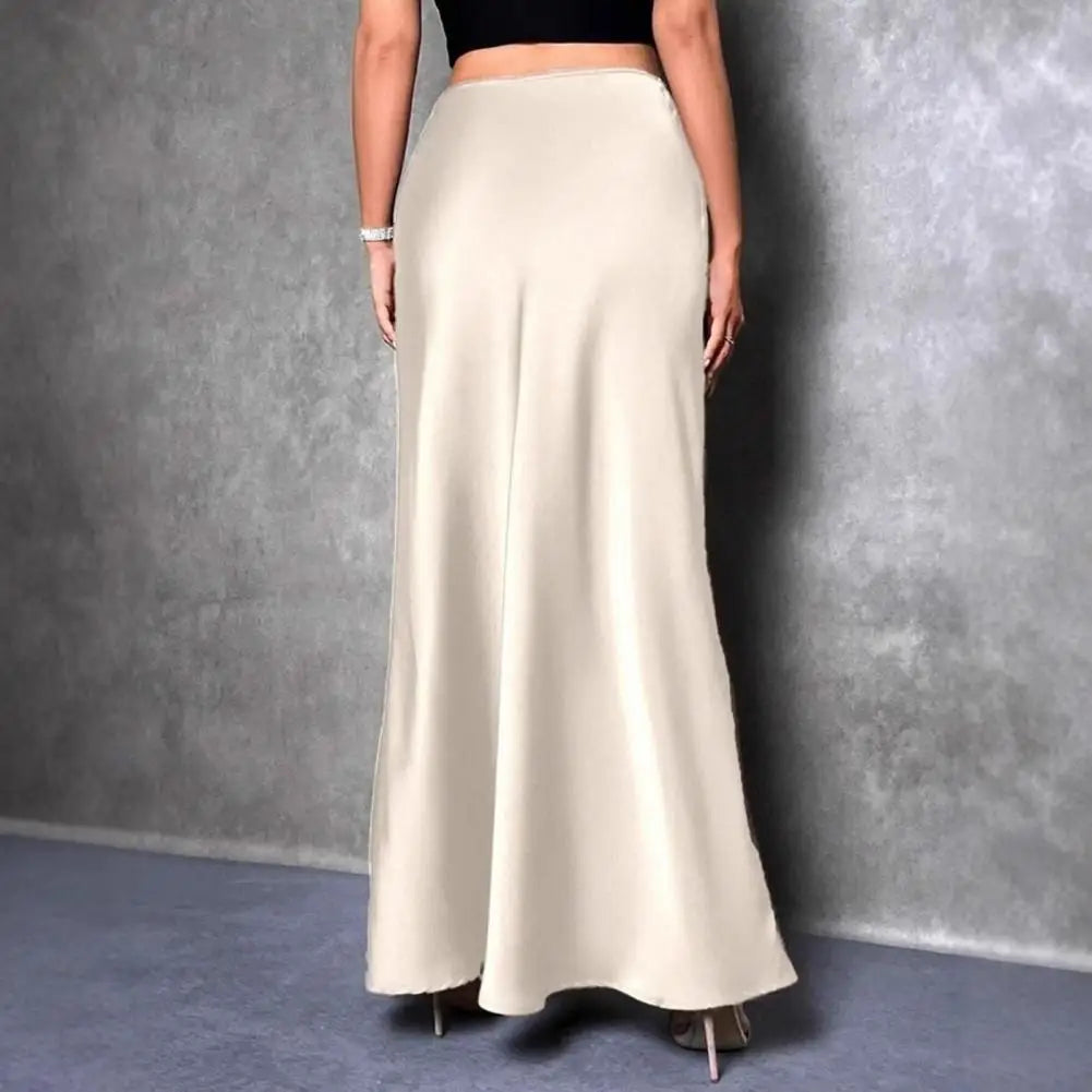 Women Fishtail Skirt Elegant High Waist Flattering Silhouette Satin Skirt Solid Color Smooth Surface A-Line Maxi Skirt