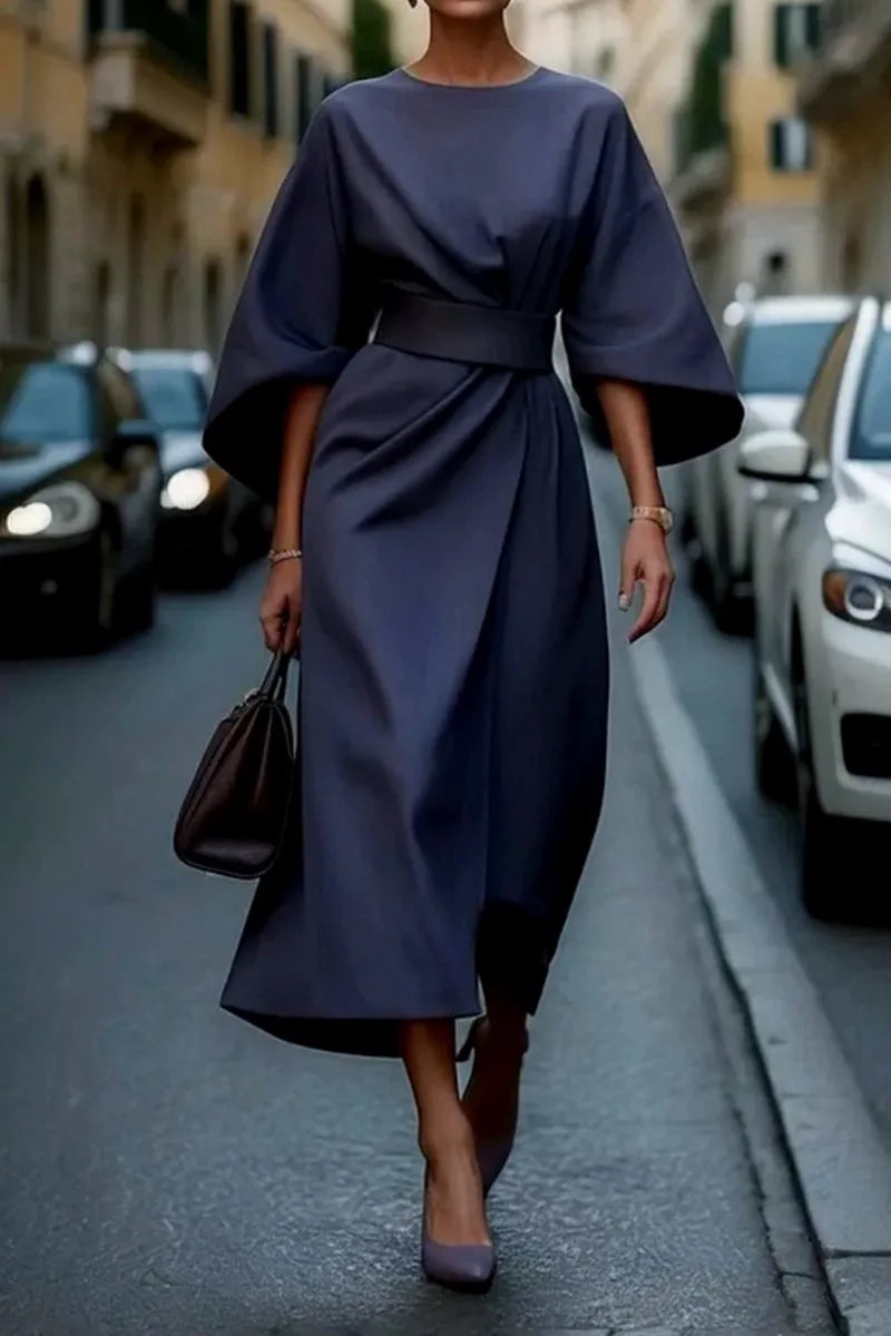 Women Dresses 2026 fashion elegant round o neck solid color waist-cinching casual batsleeve long dress clothing vestidoes