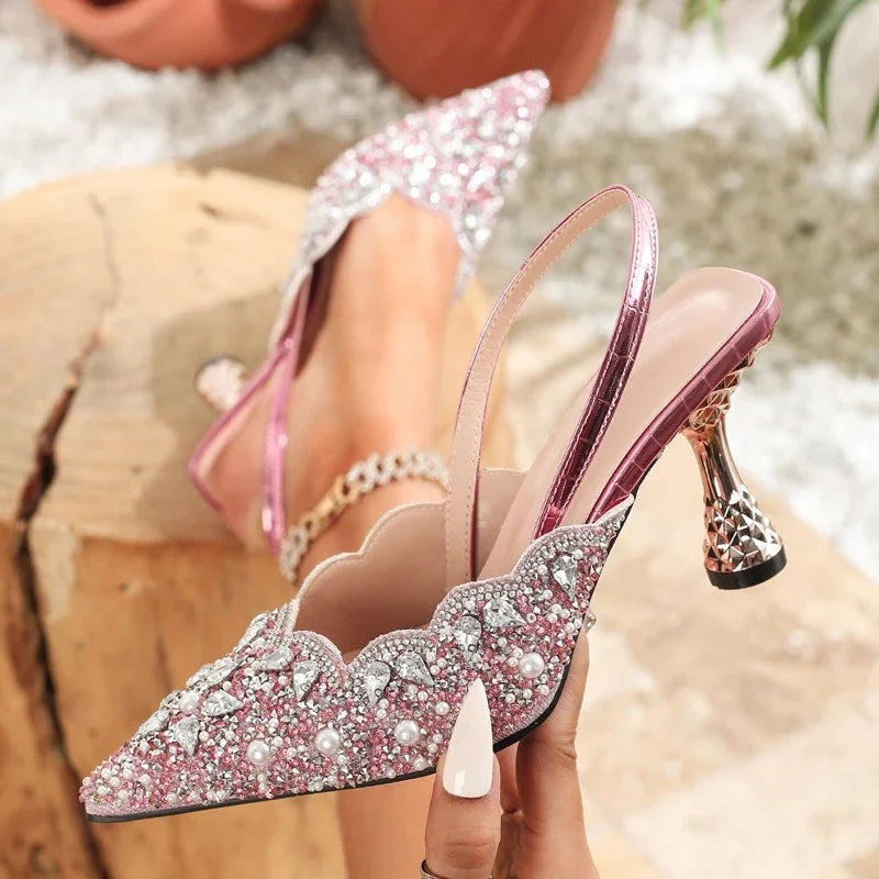 Eilyken Elegant CRYSTAL Diamond Pearl Pointed Toe Pumps Women Slingbacks Stripper Thin High Heels Party Banquet Mules Shoes