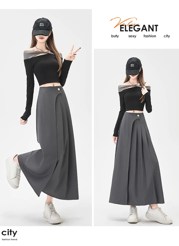 SMTHMA Women's High-Waisted Slimming Solid A- Line Skirt New Fashionable Big Umbrella Skirt Autumn/Winter Season Long Skirt