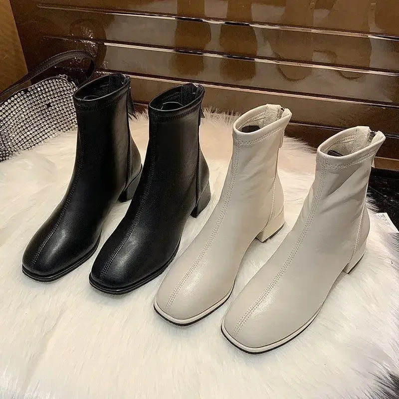 Women's Winter Short Boots White Fleece Lined Square Toe Booties Spring Autumn Seasonal Fashionable Thick Heel Ankle Boots
