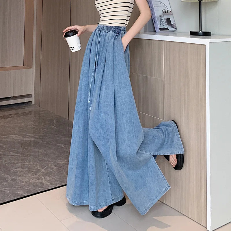 Spring NEW Elastic Waist Loose-Fit Plus Size Women's Jeans Slimming Wide-Leg Ground-Length Simple Culottes Casual Pants