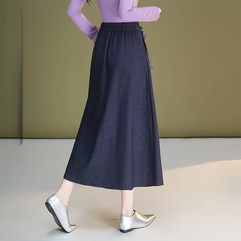 Fashionable Patchwork Pleated Skirt Women's Casual High Quality A- Line Midi Skirt Autumn New Style Polyester Blend Skirt