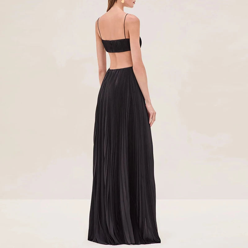 Sexy Lady Backless Solid Swing Dress Elegant Sleeveless Hollow Long Dress Fashion Off Shoulder High Waist Pleated Evening Dress