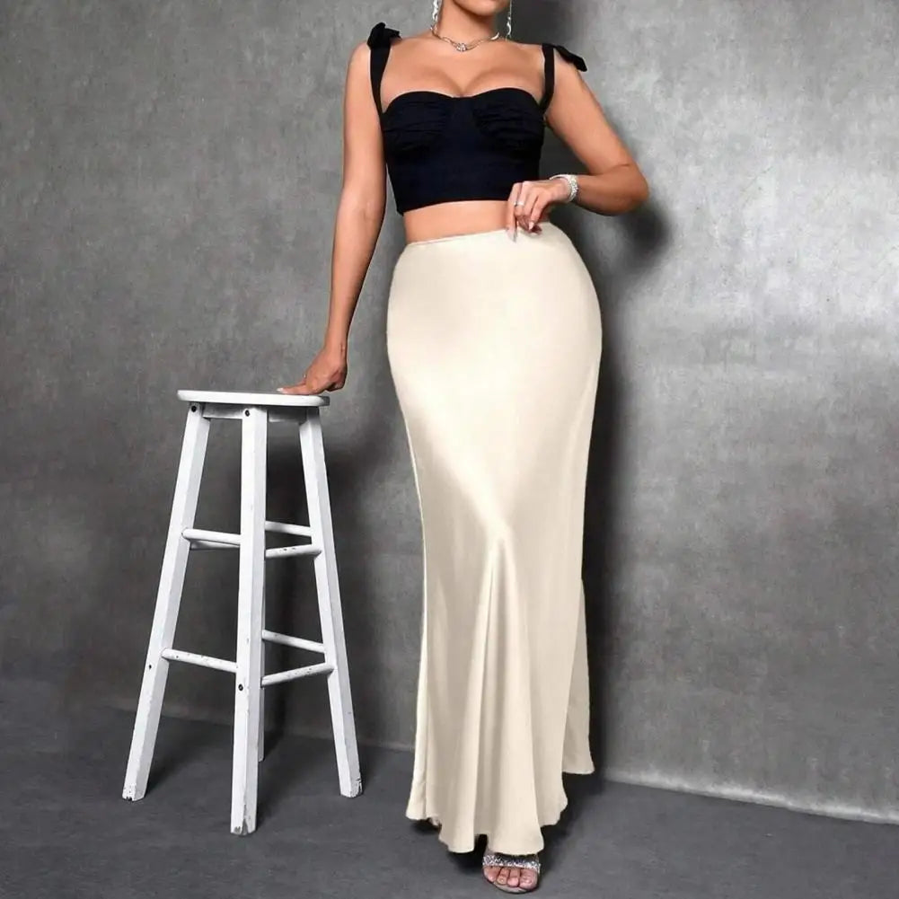 Women Fishtail Skirt Elegant High Waist Flattering Silhouette Satin Skirt Solid Color Smooth Surface A-Line Maxi Skirt