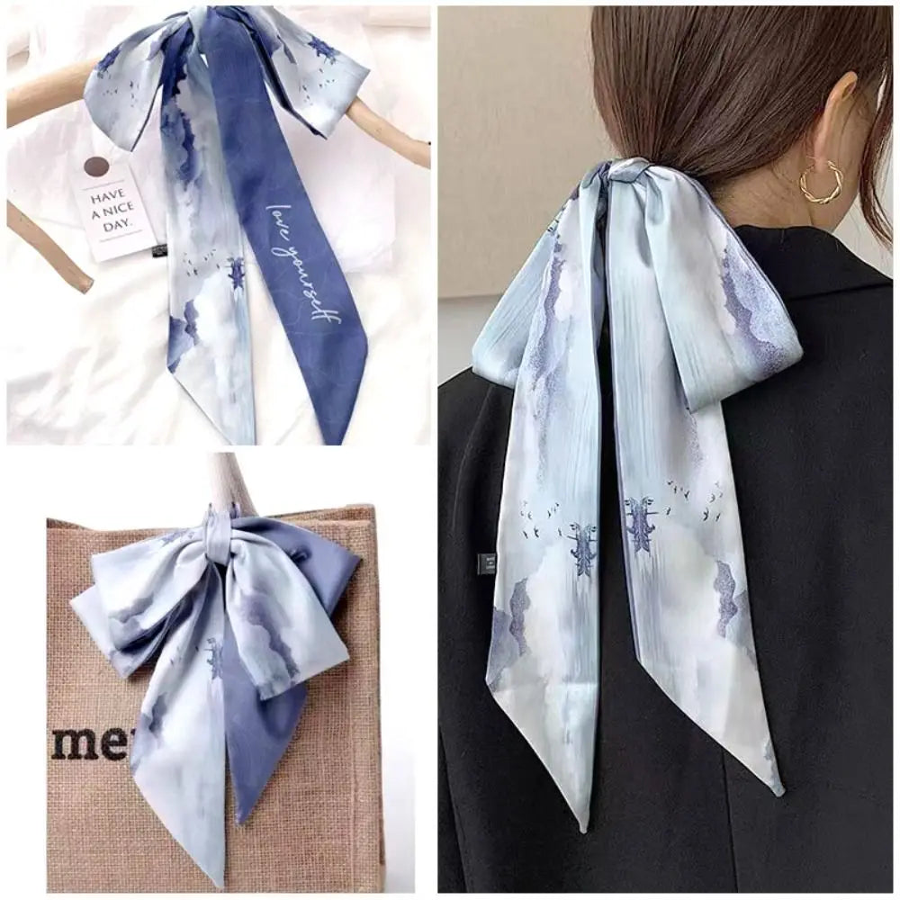 1pc French Scarf Butterfly Tie Hair Retro Oil Print Hair Ribbon Scarf Women Neck Tie Bag Headscarves Floral Bands Headband