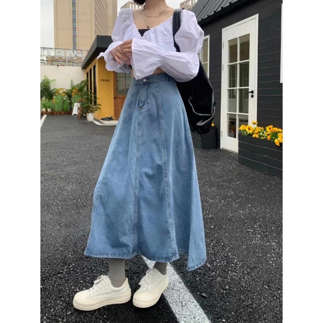High Waist A- Line Midi Denim Skirt Women's Elastic Waist Design Sensation Slimming Long Skirt Summer Fashion Half-length Skirt