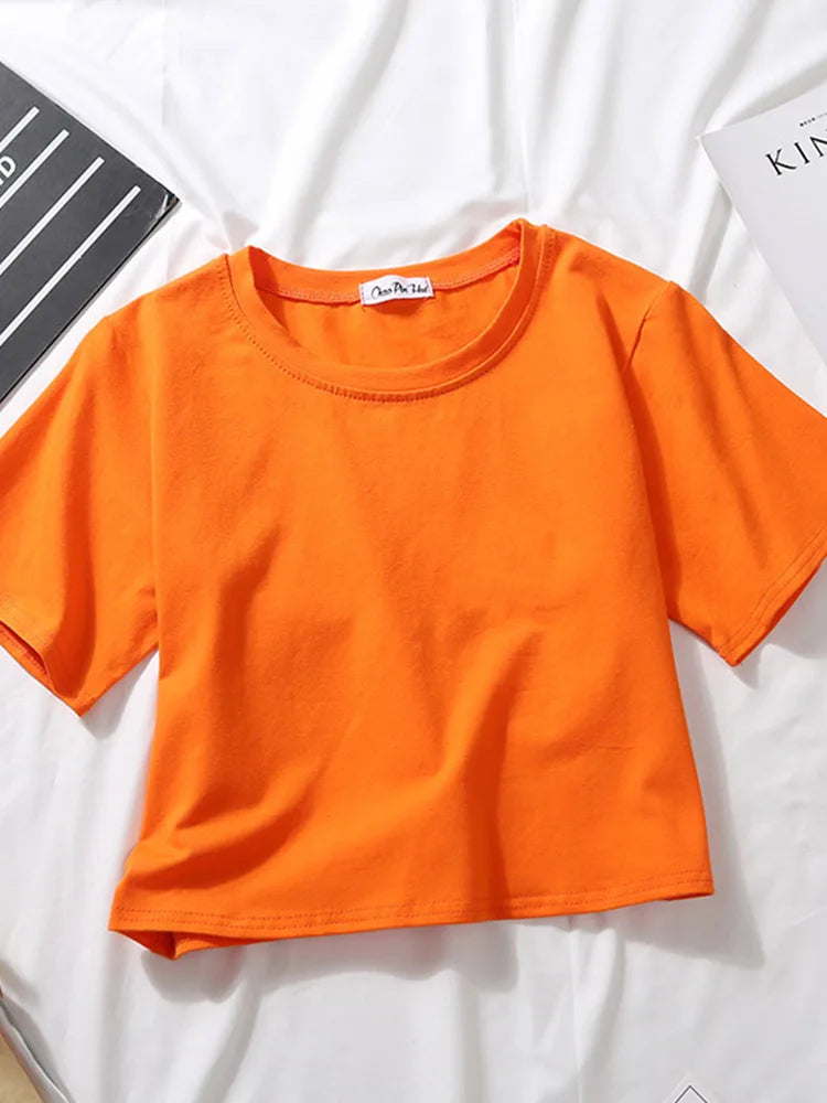 2023 Summer Short Sleeve T Shirts Women Cotton Solid T-shirt O Neck High Waist Crop Top Tee Female Casual Loose T Shirt