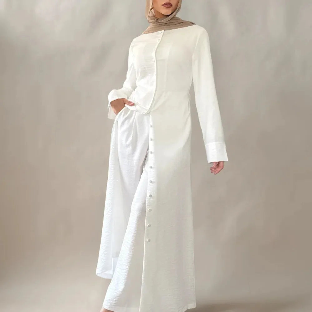Eid Women Button Up Abaya Straight Pant 2 Piece Set  Muslim Sets Ramadan Dubai Elegant Musulman Ensembles Arab Long Pant Morocco