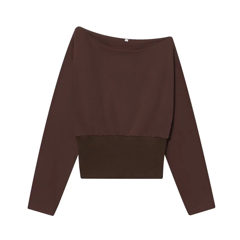 Women's Sweatshirt 2026 New Fashion Spring Brown Asymmetrical Off-Shoulder Solid Sweatshirt  for Women Chic Personality Top