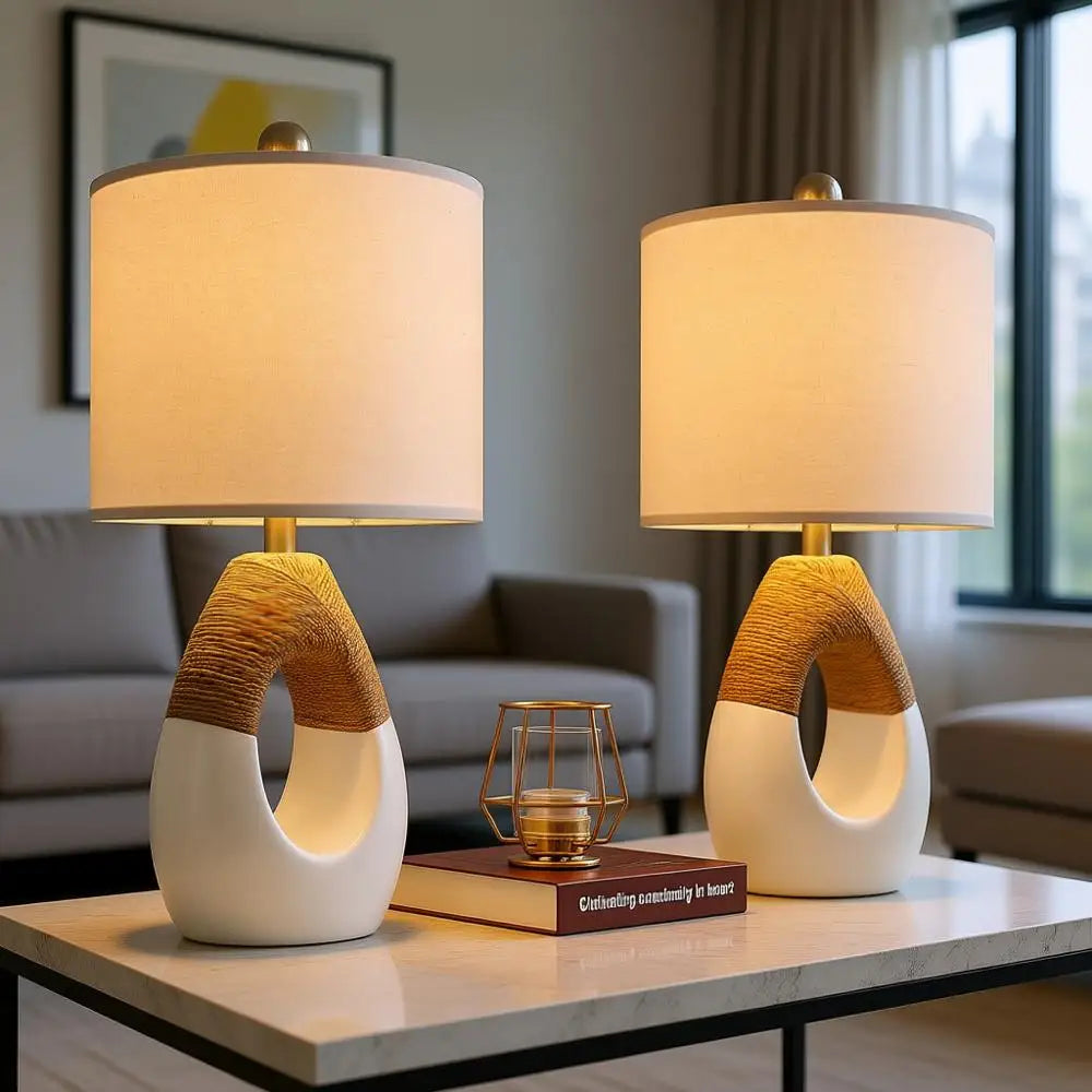 Small Boho Table Lamps for Bedroom Set of 2, Arm House Rattan Bedroom Lamps for Living Room Rustic Home Decor, Nightstand Bedsid