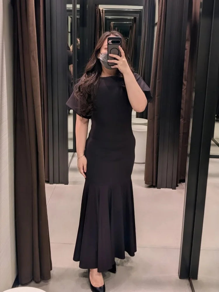 Elegant Patchwork Maxi Dress Women Solid Round Neck Short Sleeve Slim Fit Gowns Lady 2026 New Basic Evening Casual Summer Robes