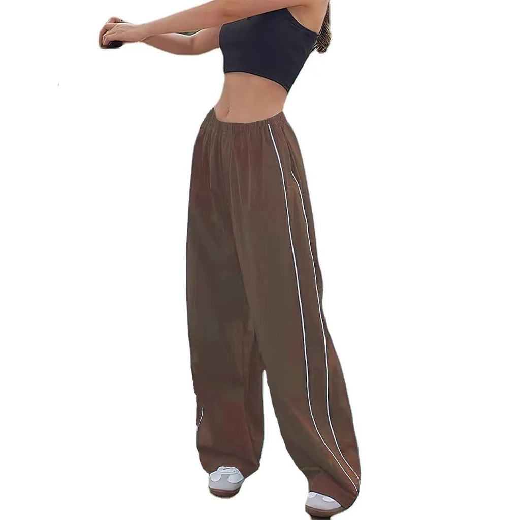Women's Fashion Drawstring Both Sides Casual Elastic Waist Sports Pants High waist Loose Wide Leg Pants Trousers