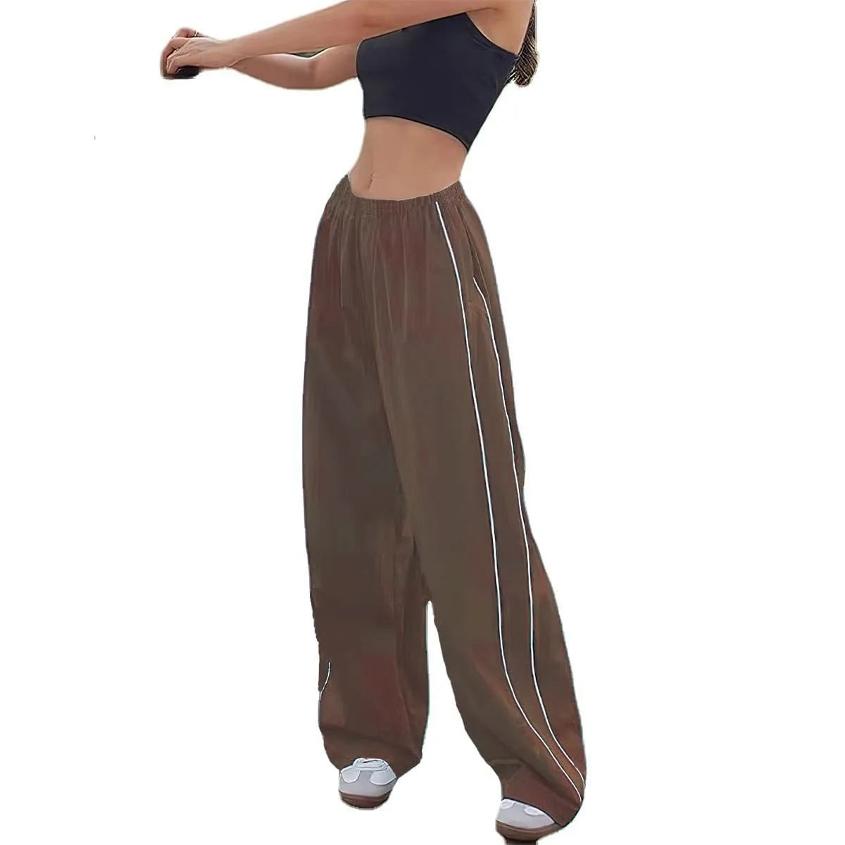 Women's Fashion Drawstring Both Sides Casual Elastic Waist Sports Pants High waist Loose Wide Leg Pants Trousers