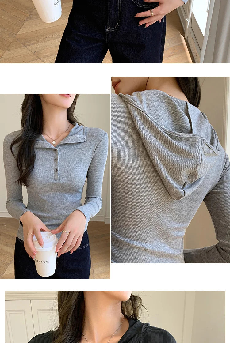 Half-buttoned Hooded Sweatshirt for Women Autumn Winter Striped Inner Layering Shirt Slim Long-sleeved Top T-shirt
