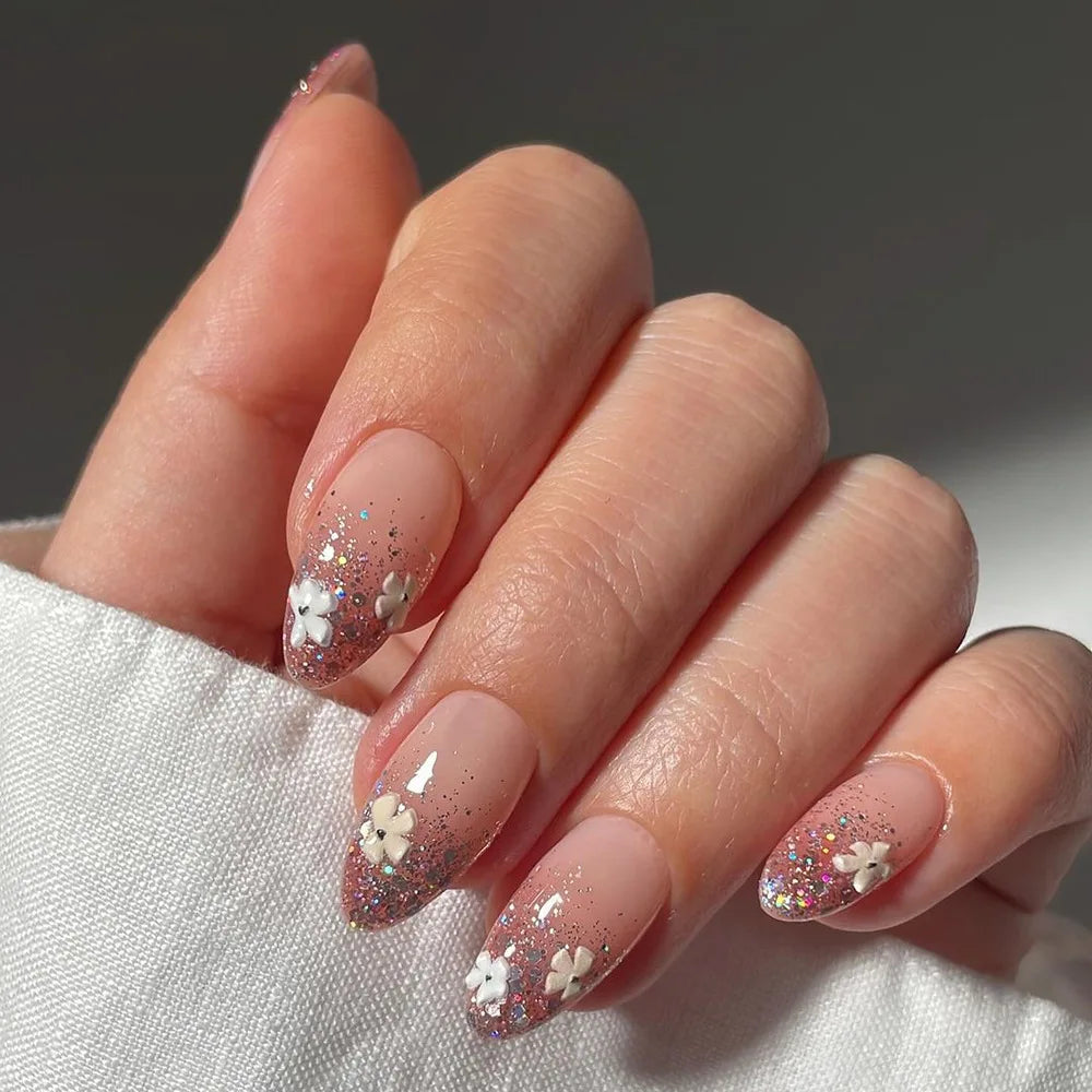 24Pcs Short Almond Press-On Nails Pink Floral French Tip Glossy&Elegant Full Cover Fake Nails for Women&Girls Spring,Daily Wear