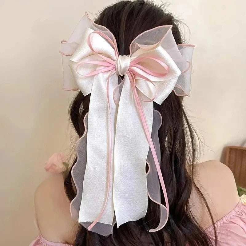 Women Elegant Lace Bow Ribbon Hair Clips Solid Color Satin Заколка Бант Girls Korean Hairpins Party Headdress Hair Accessories