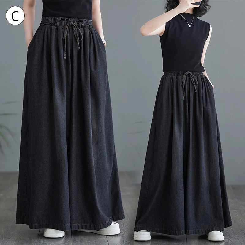 Spring NEW Elastic Waist Loose-Fit Plus Size Women's Jeans Slimming Wide-Leg Ground-Length Simple Culottes Casual Pants