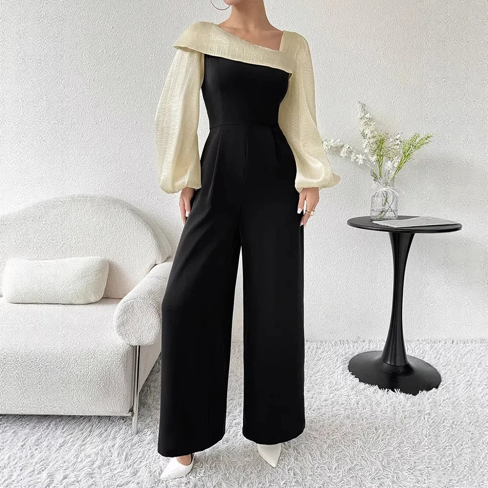 Elegant Long Sleeve Jumpsuit for Women Casual High Waist Wide Leg Pants Fashionable plus Size Polyester Fabric Spring Autumn