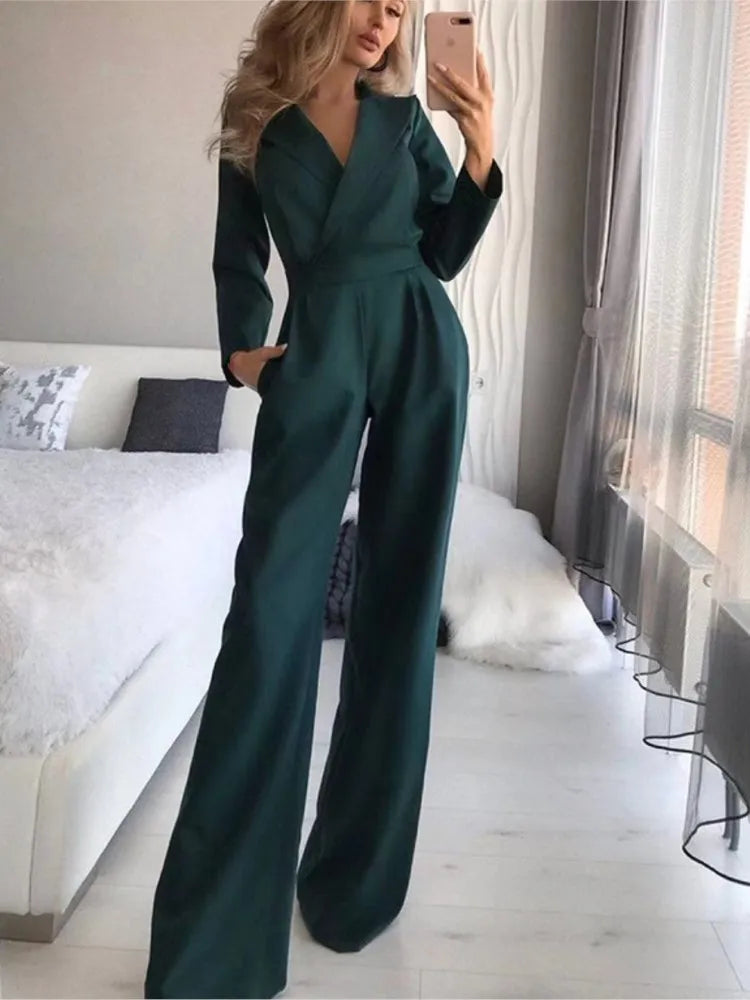 Spring Summer  Jumpsuit Women Mid Waist Elegant Commuting Long Sleeve Suit Overalls Wide Leg Pant Casual Solid Waist Jumpsuit