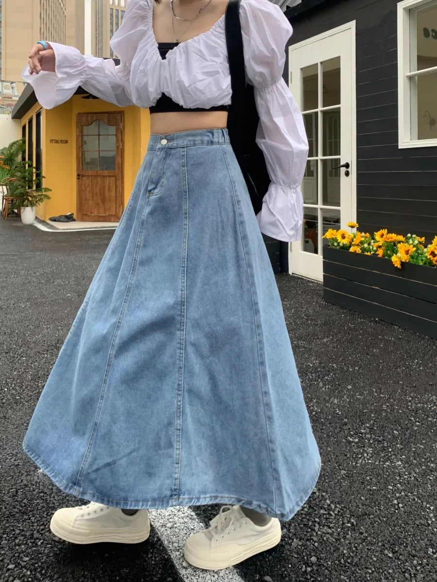High Waist A- Line Midi Denim Skirt Women's Elastic Waist Design Sensation Slimming Long Skirt Summer Fashion Half-length Skirt