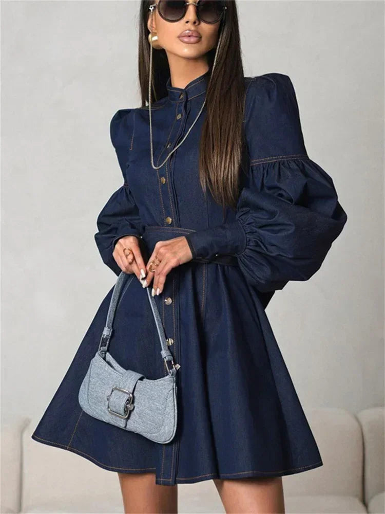 Denim Dresses Women 2024 Autumn Fashion Vintage Lace Up Long Sleeve Mini Dress Street Trendy High Waist Elegant Dress