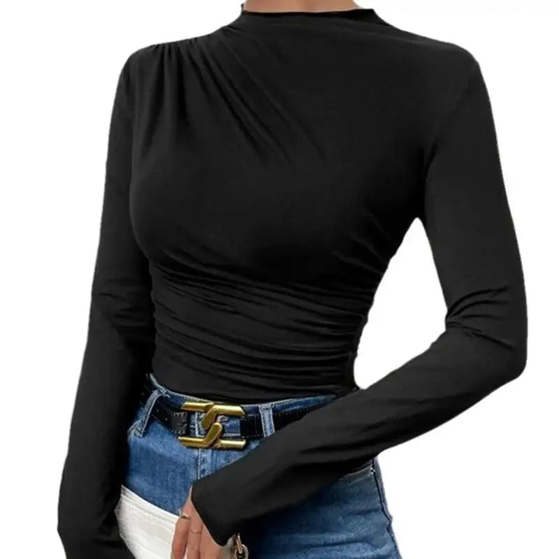 Women's Pleated Long Sleeve T-Shirt Bodycon Fit Polyester Spandex Blend Drawstring Closure  Color European Style Top