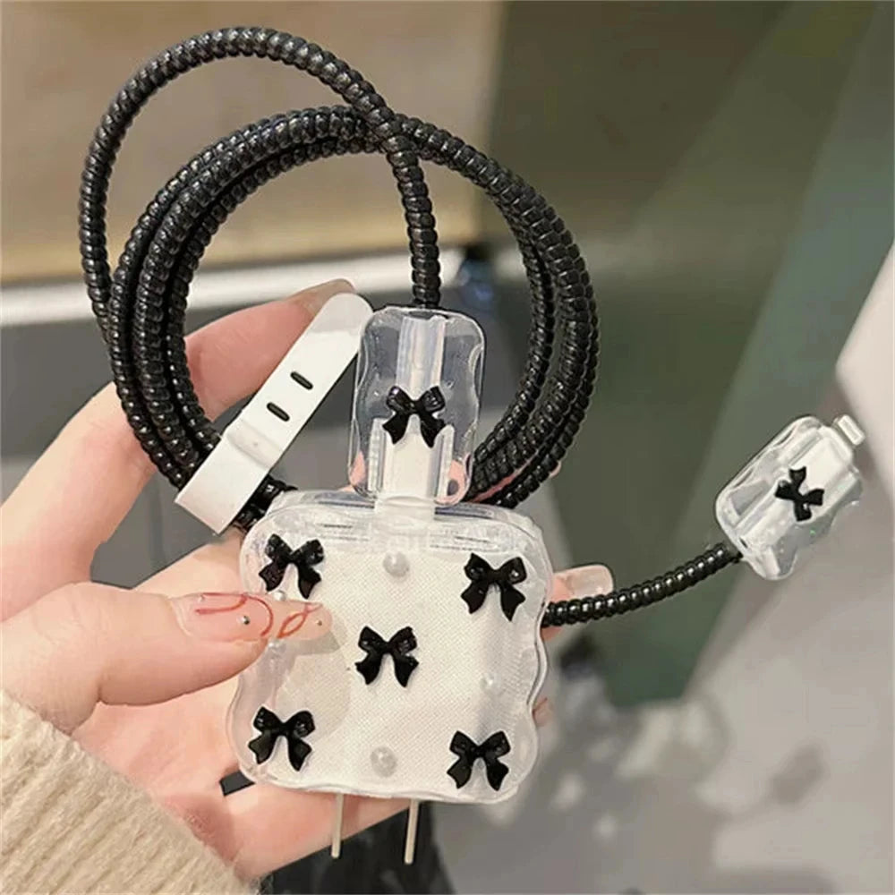 Korean Clear Black Bow Charge Protective Case For iPhone 18W-20W US Data Line Charger Protector Cover Charger Sleeve Accessories