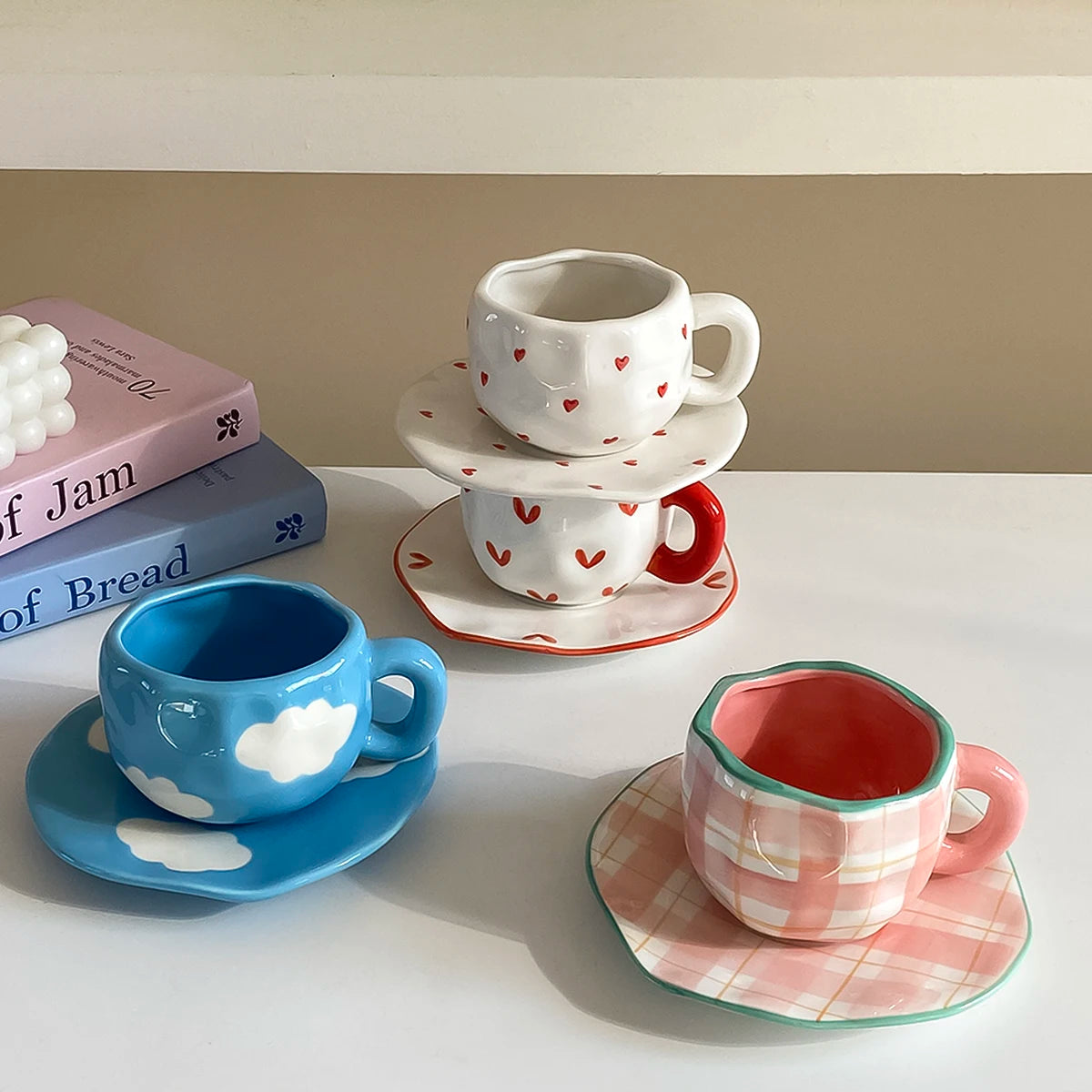Nordic Hand-Painted Ceramic Coffee Mug & Saucer