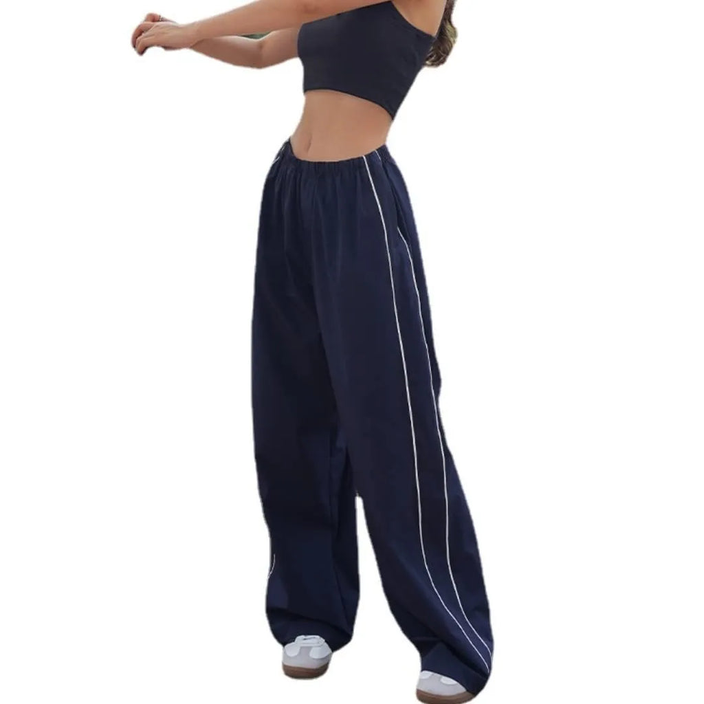 Women's Fashion Drawstring Both Sides Casual Elastic Waist Sports Pants High waist Loose Wide Leg Pants Trousers