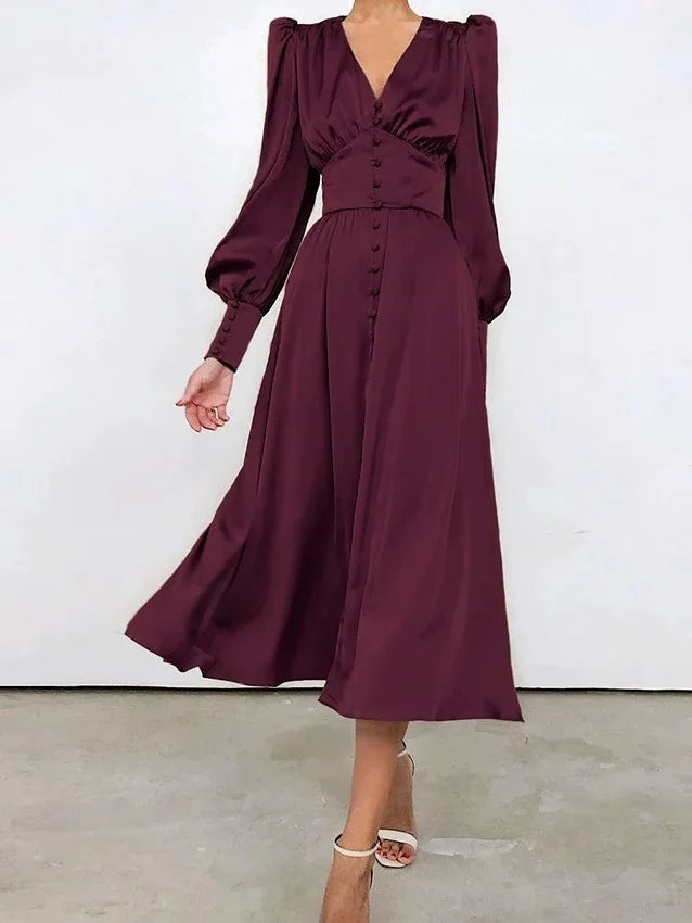 2026 Women's Fashion Satin Dress Lantern Sleeve Waist Slimming Style Elegant Slim Long Dress