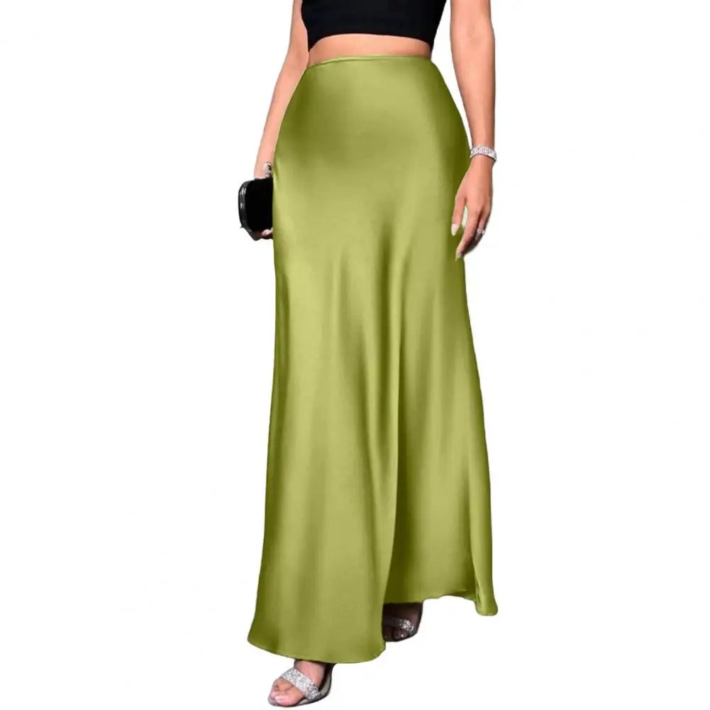 Women Fishtail Skirt Elegant High Waist Flattering Silhouette Satin Skirt Solid Color Smooth Surface A-Line Maxi Skirt