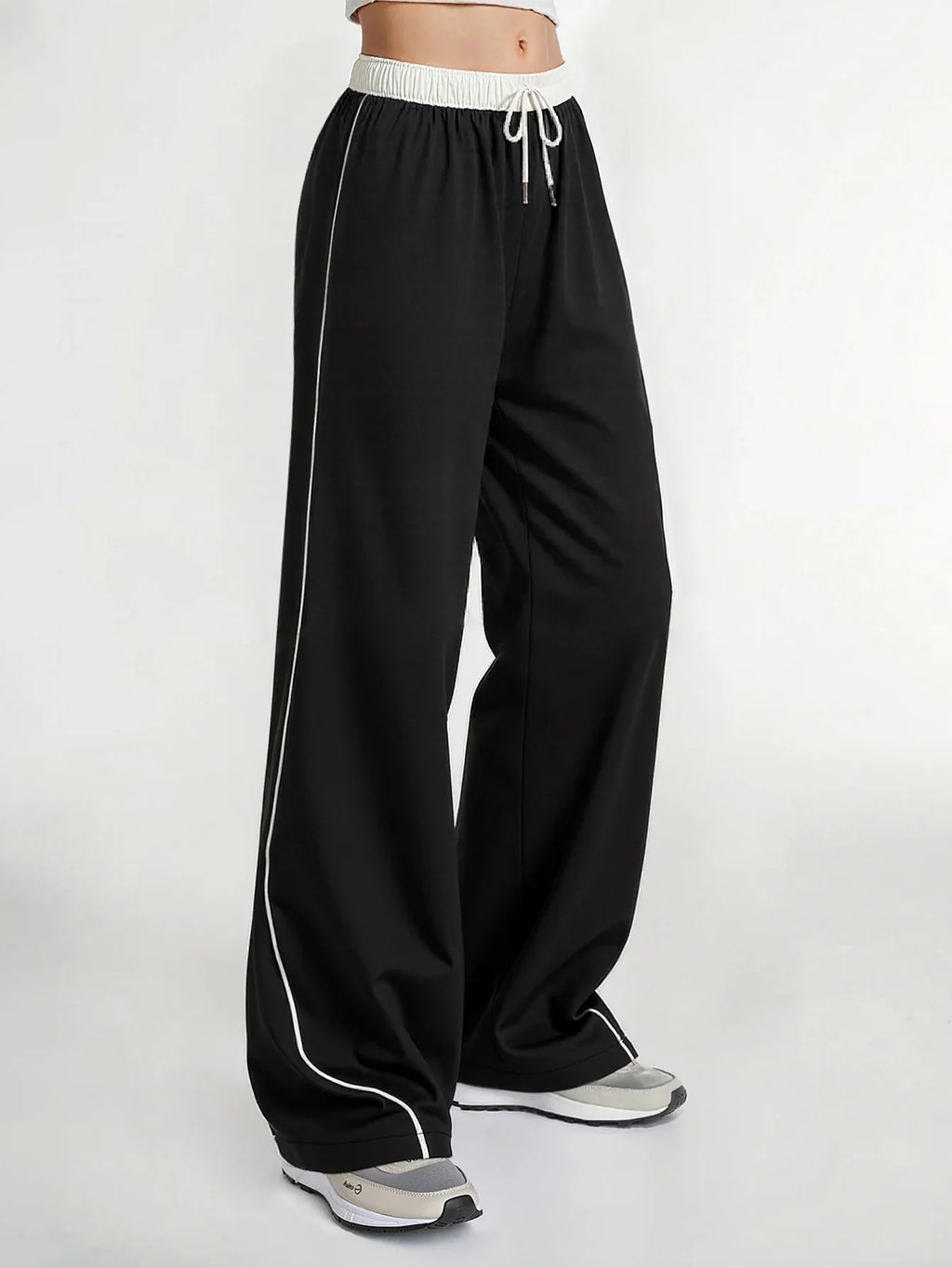 Women's Black & White Color Block Elastic Waist Wide Leg Pants | Euro Style Drawstring Piping Draped Flattering Casual Sports Tr