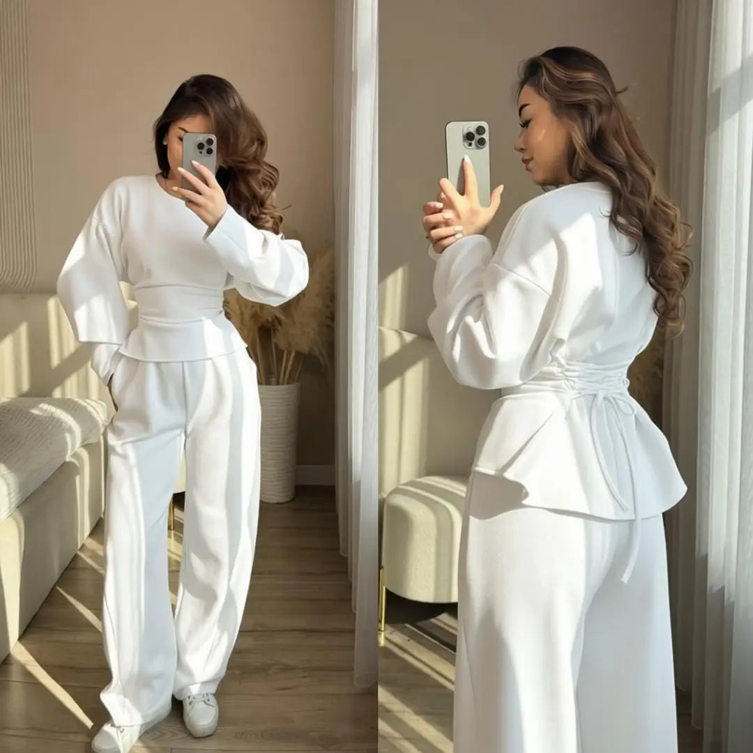 Yaminiya Women Casual Two Piece Set Long Sleeve Back Tie Waist Ruffle Hem Top & Wide Leg Pants Solid Color Loungewear Tracksuit
