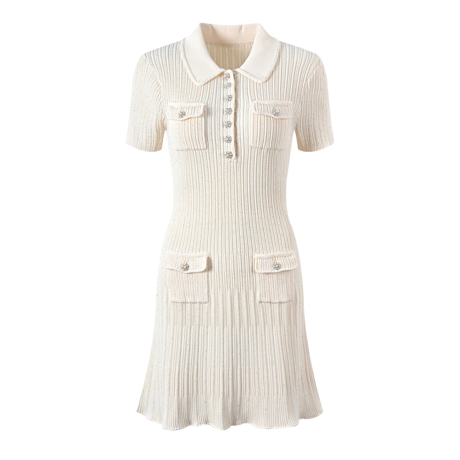 Asian Size Dating Short Dress, Gentle Style, Polo Collar, Diamond Buckle Slimming White Elegant Knitted Skirt, Hip-hugging Dress