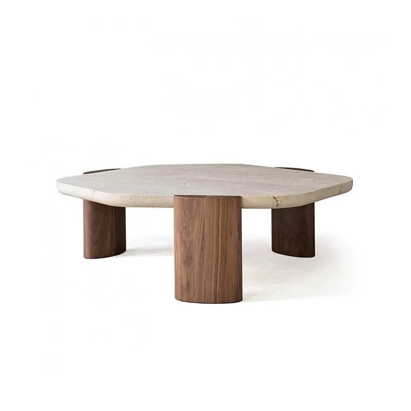 Solid wood travertine coffee table small tea small apartment living room household round balcony special-shaped rock slab Intern