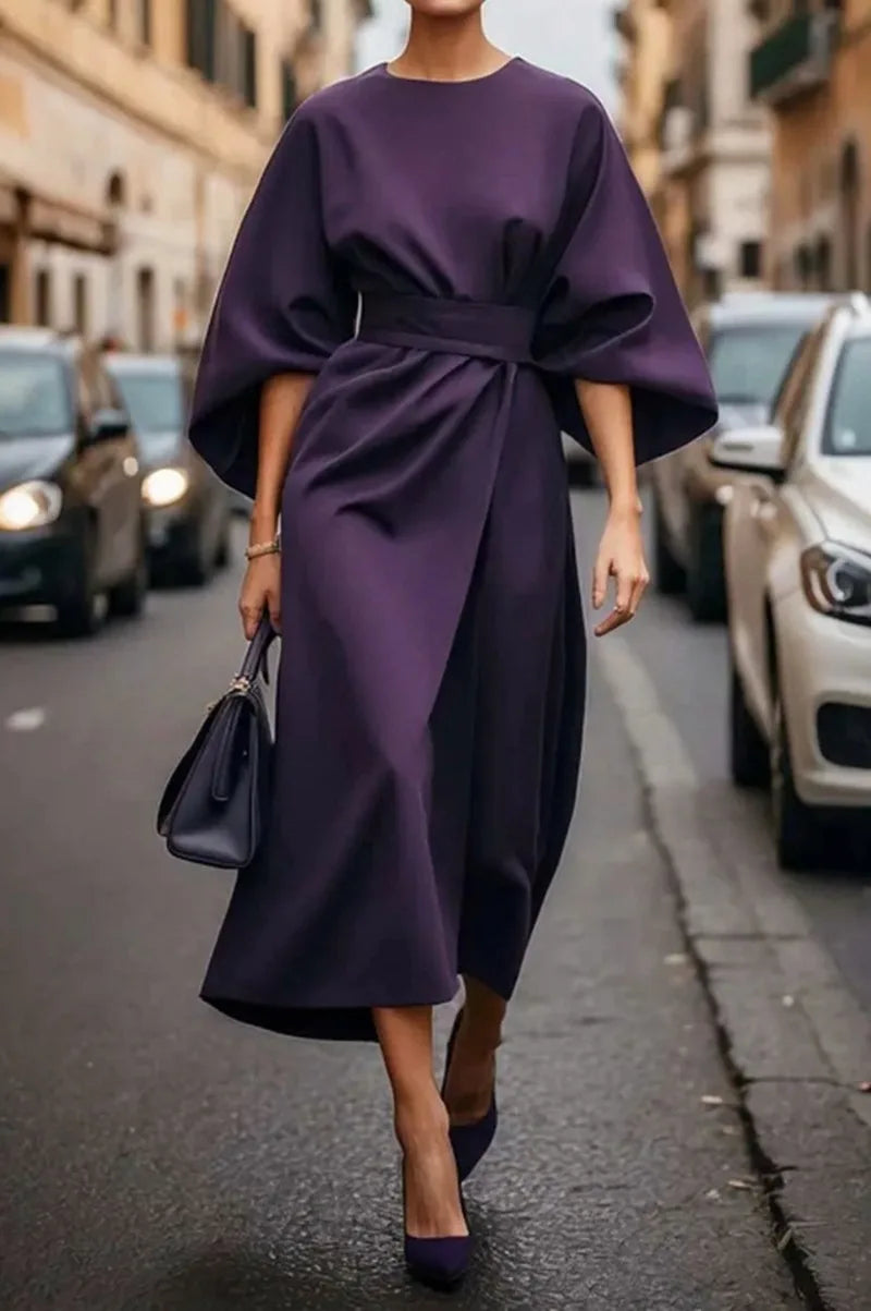 Women Dresses 2026 fashion elegant round o neck solid color waist-cinching casual batsleeve long dress clothing vestidoes
