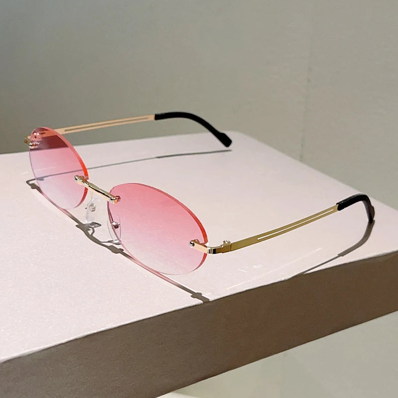 Rimless Oval Sunglasses Women Fashion Gradient Decor Shades Eyewear New Trendy Vintage Brand Design Casual Eyeglasses