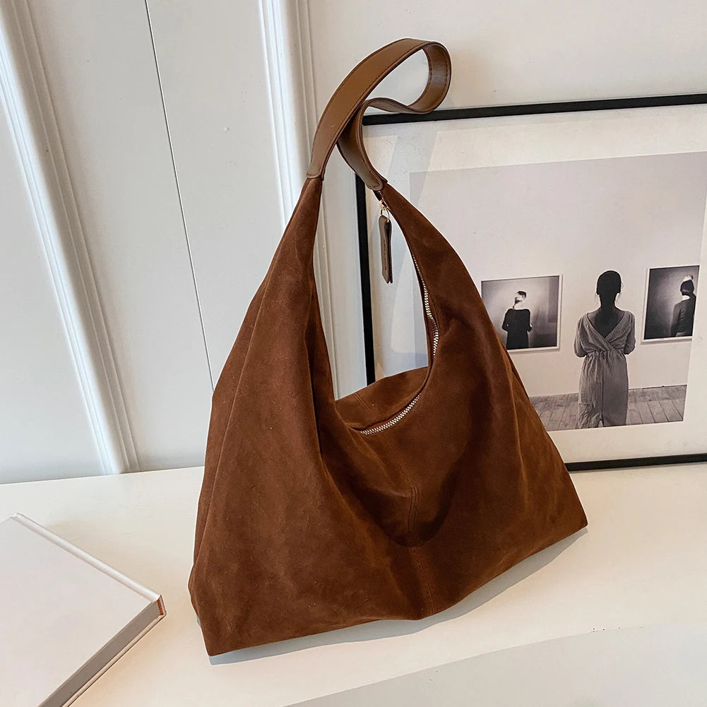 Women’s Suede Zipper Shoulder Hobo Bag – Large Capacity Slouchy Handbag for Travel & Commuting