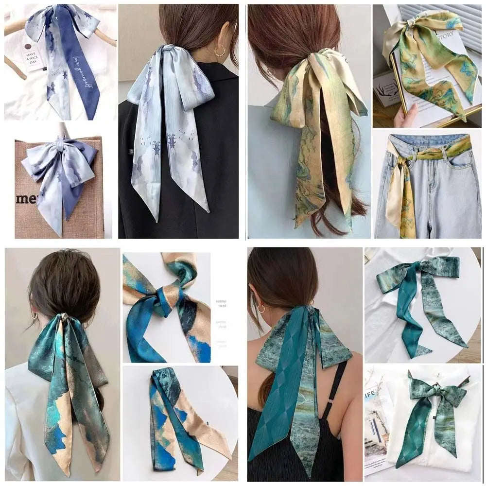 1pc French Scarf Butterfly Tie Hair Retro Oil Print Hair Ribbon Scarf Women Neck Tie Bag Headscarves Floral Bands Headband